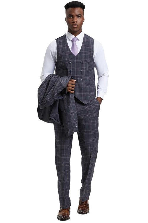 Men's Stacy Adams one-button peak lapel double-breasted vest suit in charcoal grey plaid features a fitted vest with a plaid pattern and double-breasted front, complemented by matching plaid trousers.