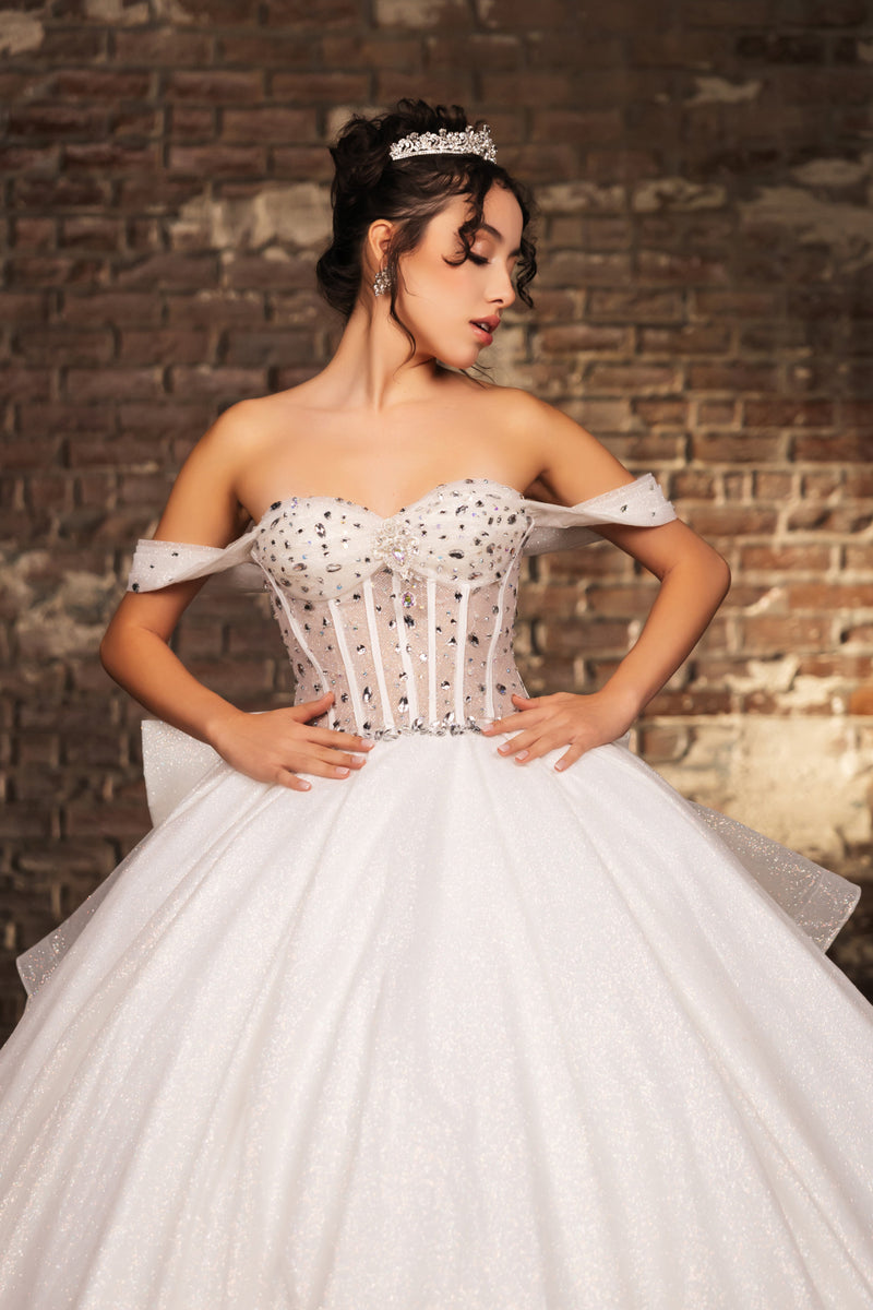 Layla K LK281 Off-White Crystal Embellished Corset Ball Gown Glitter QuinceaƱera Dress