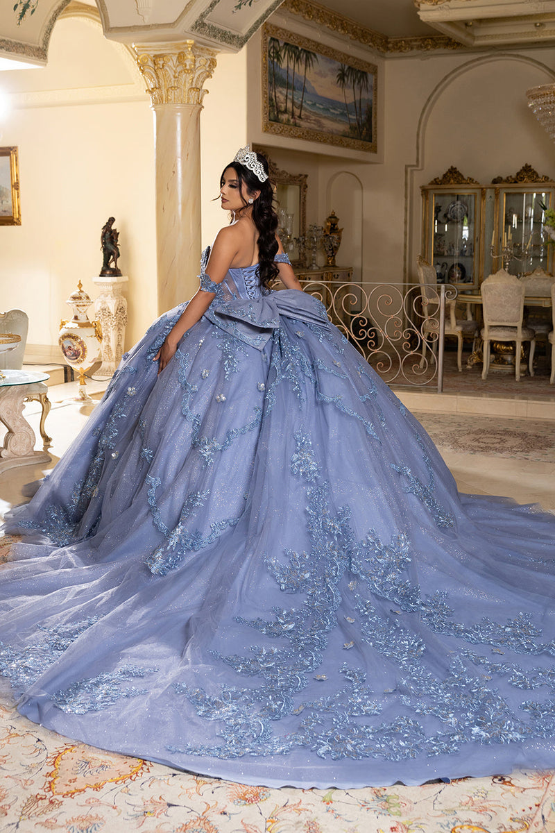 Off-Shoulder QuinceaƱera Ball Gown with Beaded Lace Appliques and Royal Train by Layla K LK283