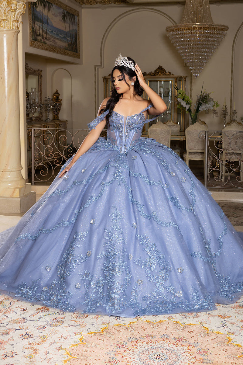 Off-Shoulder QuinceaƱera Ball Gown with Beaded Lace Appliques and Royal Train by Layla K LK283