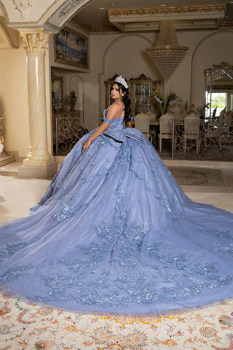 Off-Shoulder QuinceaƱera Ball Gown with Beaded Lace Appliques and Royal Train by Layla K LK283