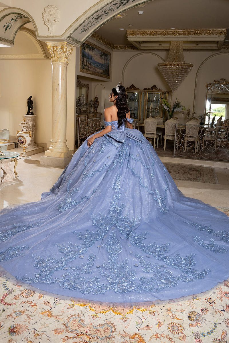 Off-Shoulder QuinceaƱera Ball Gown with Beaded Lace Appliques and Royal Train by Layla K LK283