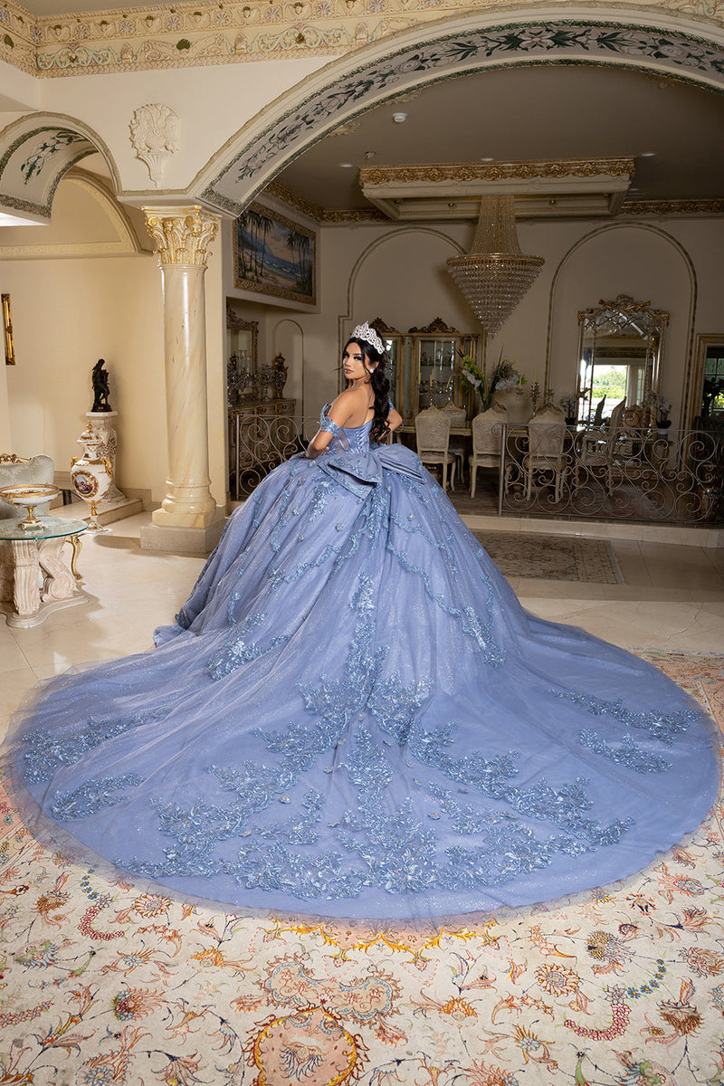 Off-Shoulder QuinceaƱera Ball Gown with Beaded Lace Appliques and Royal Train by Layla K LK283