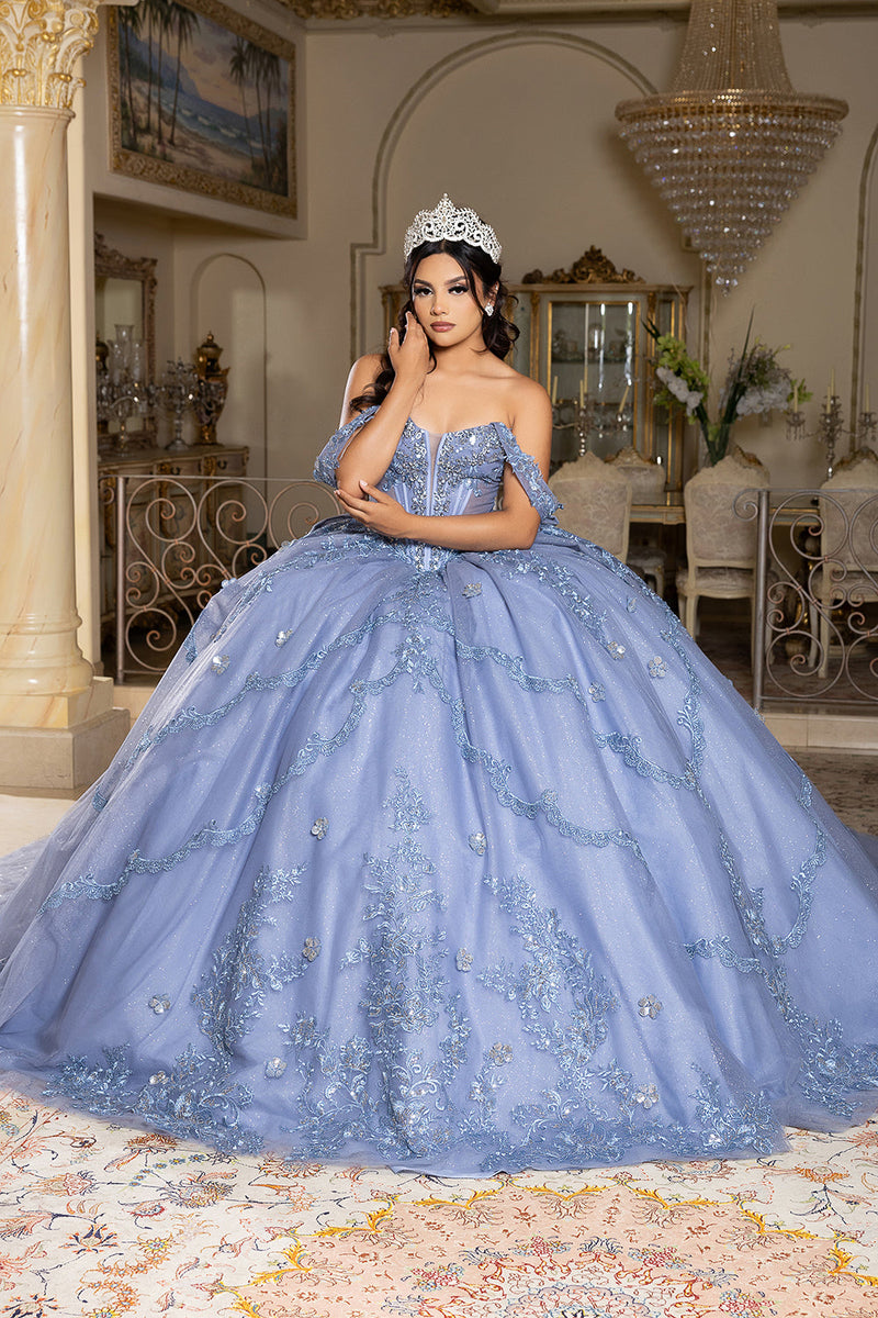 Off-Shoulder QuinceaƱera Ball Gown with Beaded Lace Appliques and Royal Train by Layla K LK283