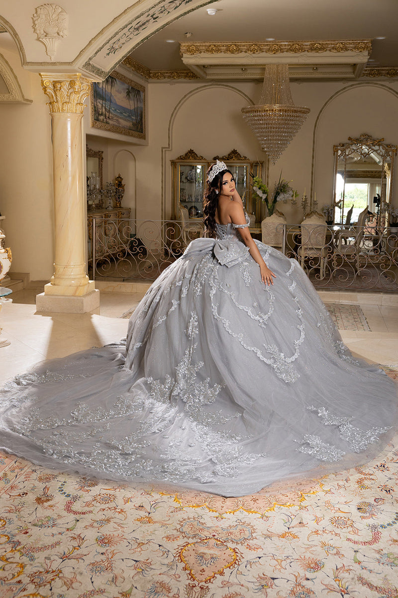 Off-Shoulder QuinceaƱera Ball Gown with Beaded Lace Appliques and Royal Train by Layla K LK283