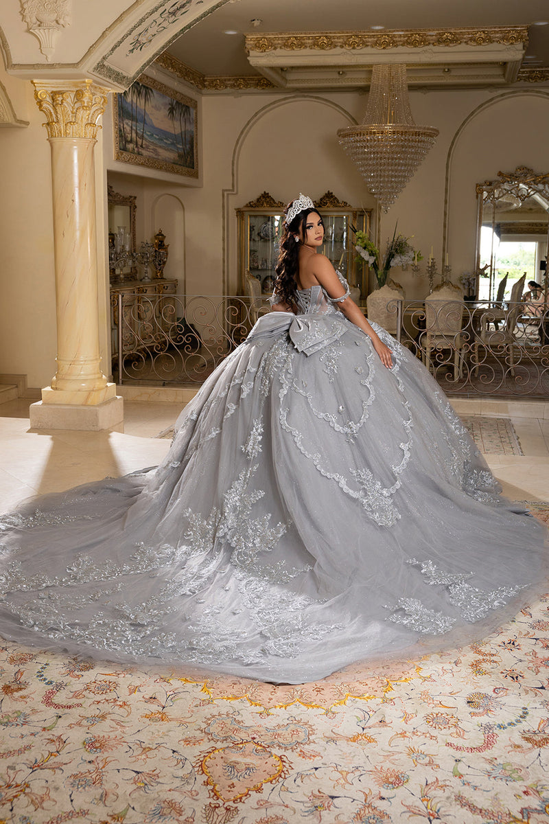 Off-Shoulder QuinceaƱera Ball Gown with Beaded Lace Appliques and Royal Train by Layla K LK283