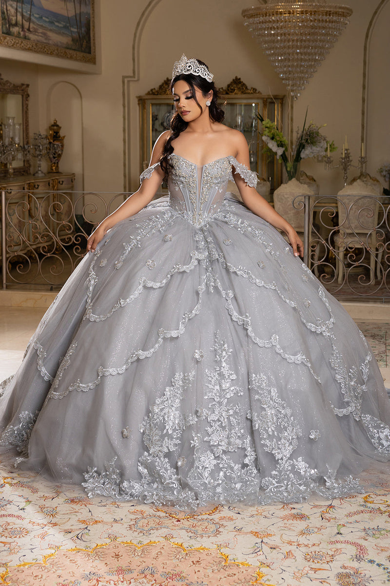 Off-Shoulder QuinceaƱera Ball Gown with Beaded Lace Appliques and Royal Train by Layla K LK283