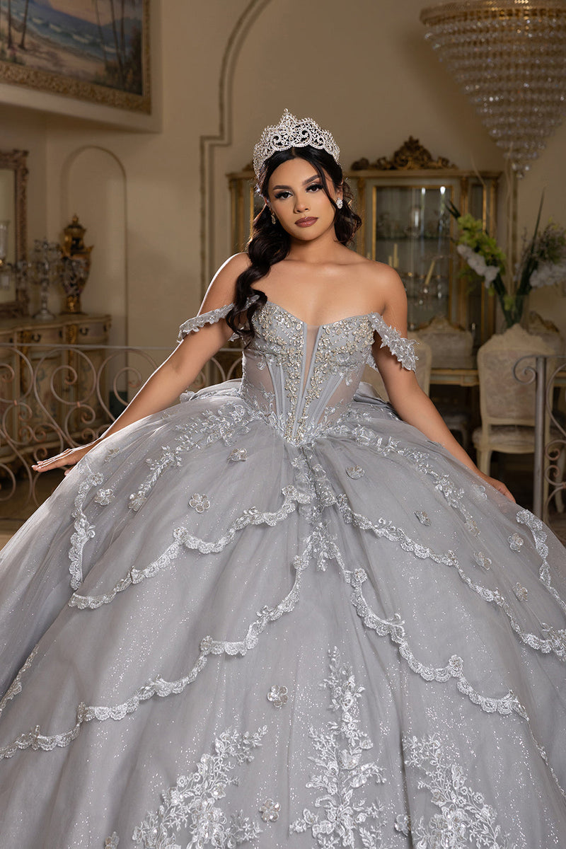 Off-Shoulder QuinceaƱera Ball Gown with Beaded Lace Appliques and Royal Train by Layla K LK283