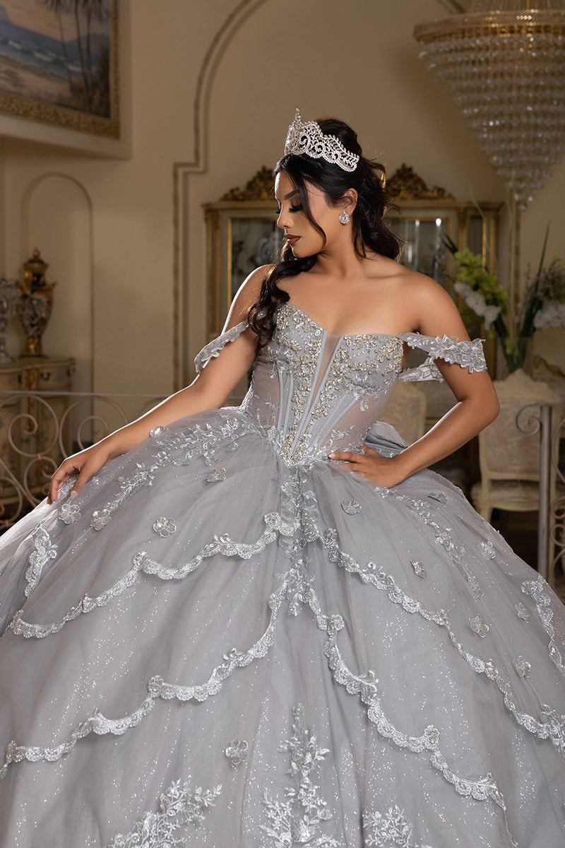 Off-Shoulder QuinceaƱera Ball Gown with Beaded Lace Appliques and Royal Train by Layla K LK283