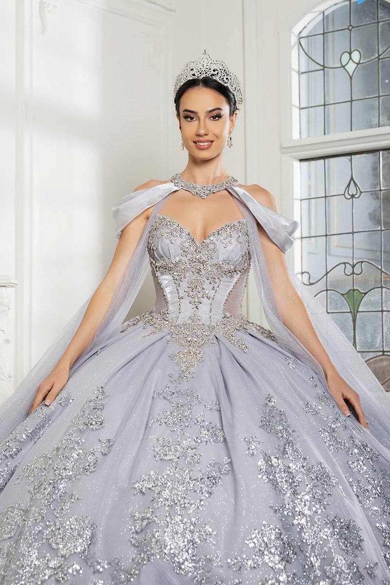Luxury Ball Gown QuinceaƱera Dress with Glitter Tulle Skirt & Beaded Corset By Layla K LK284