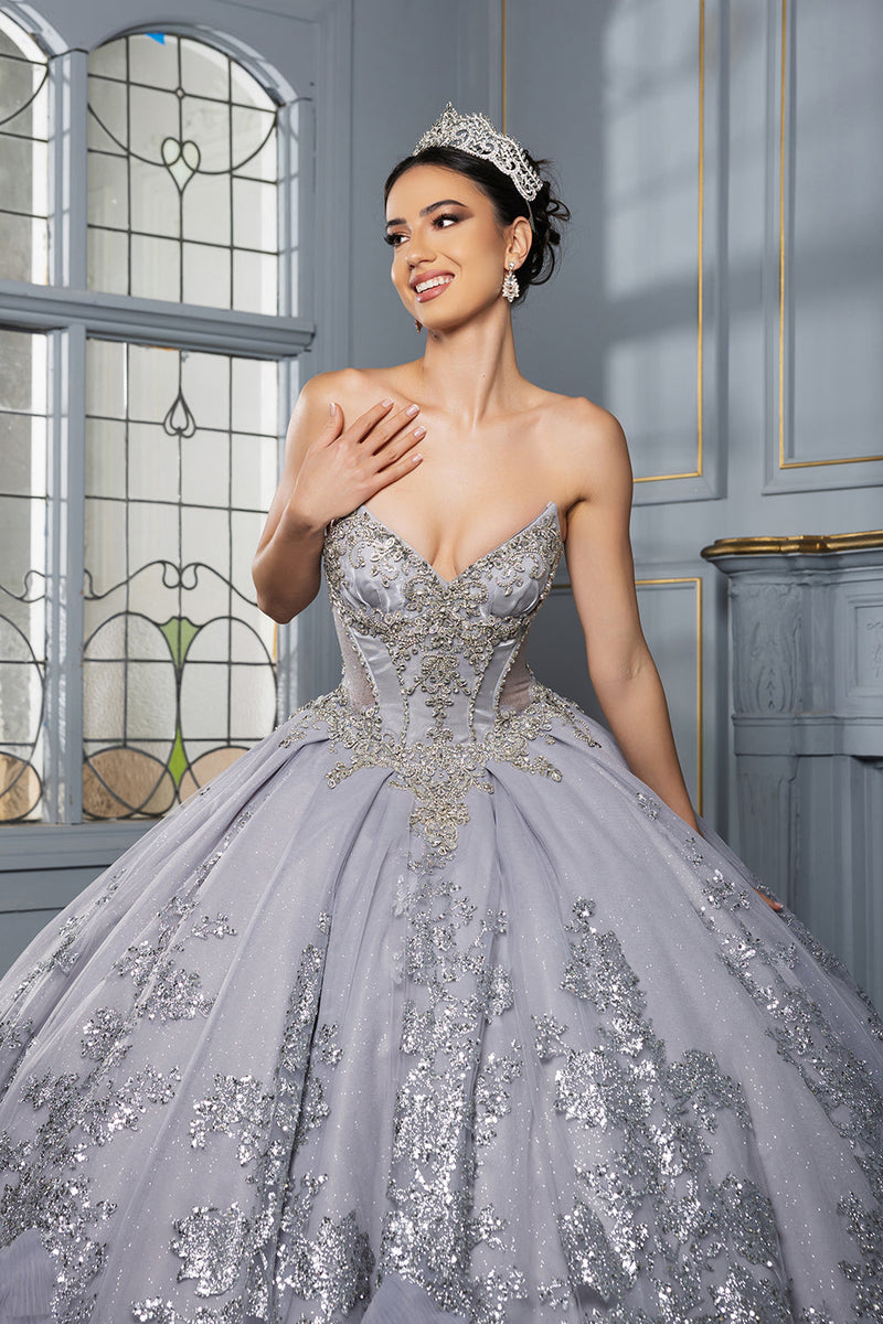 Luxury Ball Gown QuinceaƱera Dress with Glitter Tulle Skirt & Beaded Corset By Layla K LK284