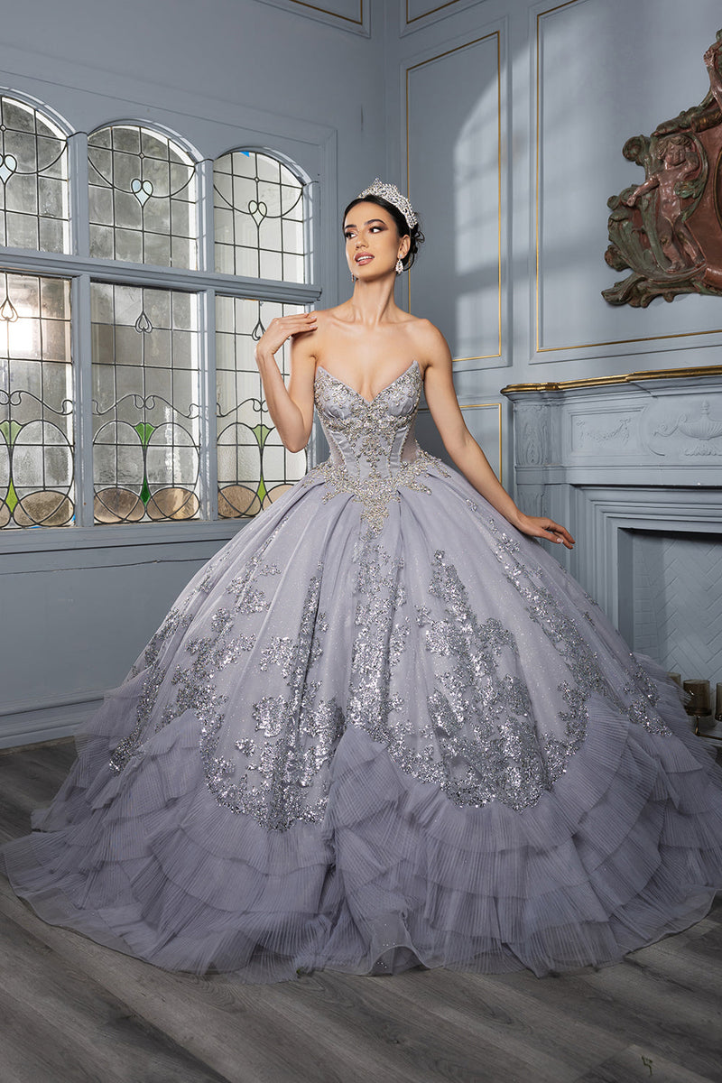 Luxury Ball Gown QuinceaƱera Dress with Glitter Tulle Skirt & Beaded Corset By Layla K LK284