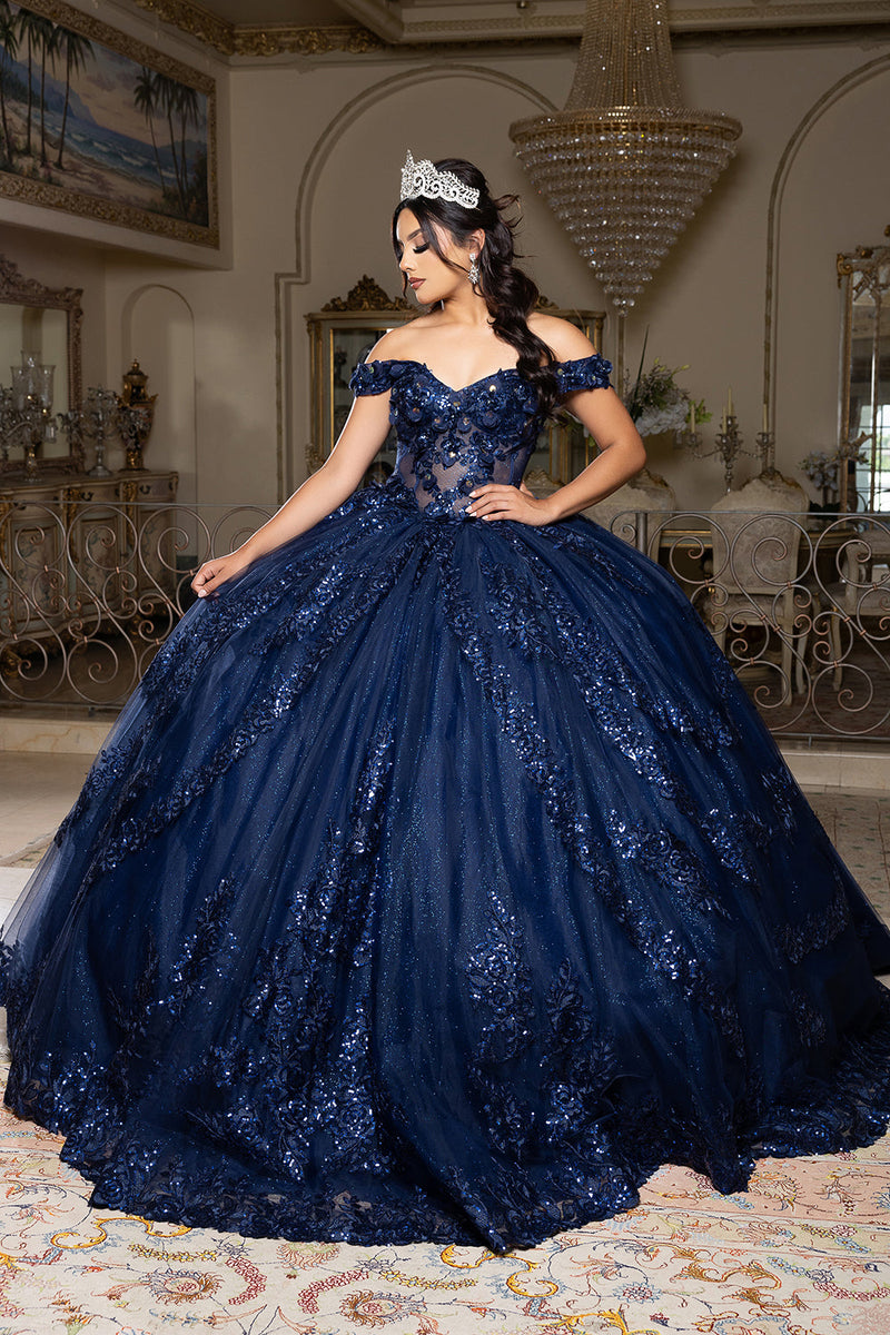 Off the Shoulder QuinceaƱera Ball Gown with Sequins 3D Floral Lace Sweet 16 Dress by Layla K LK285