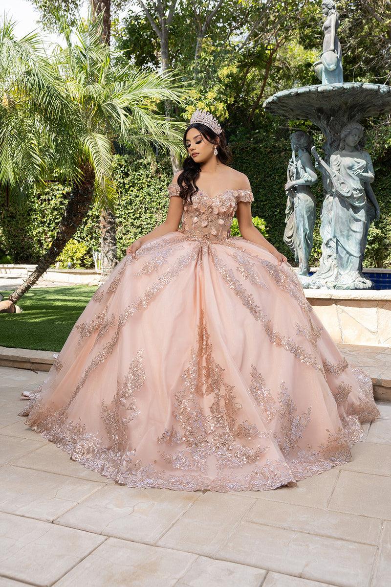 Off the Shoulder QuinceaƱera Ball Gown with Sequins 3D Floral Lace Sweet 16 Dress by Layla K LK285