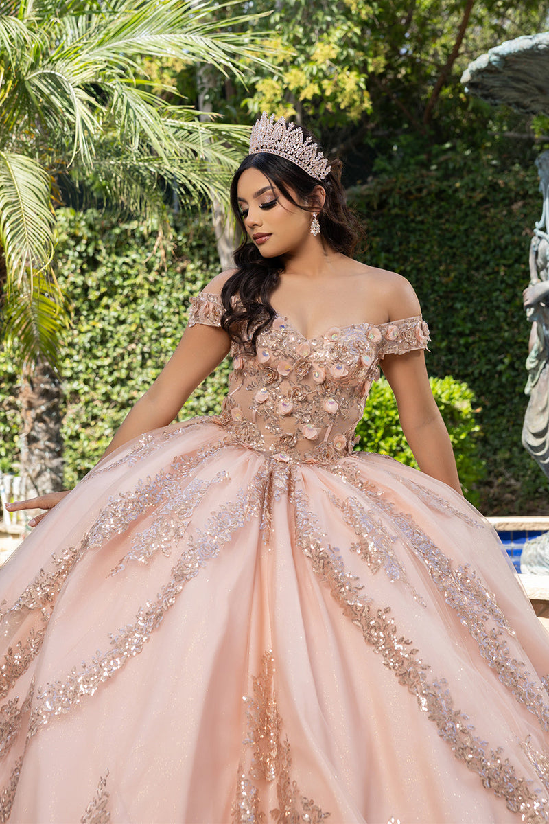 Off the Shoulder QuinceaƱera Ball Gown with Sequins 3D Floral Lace Sweet 16 Dress by Layla K LK285
