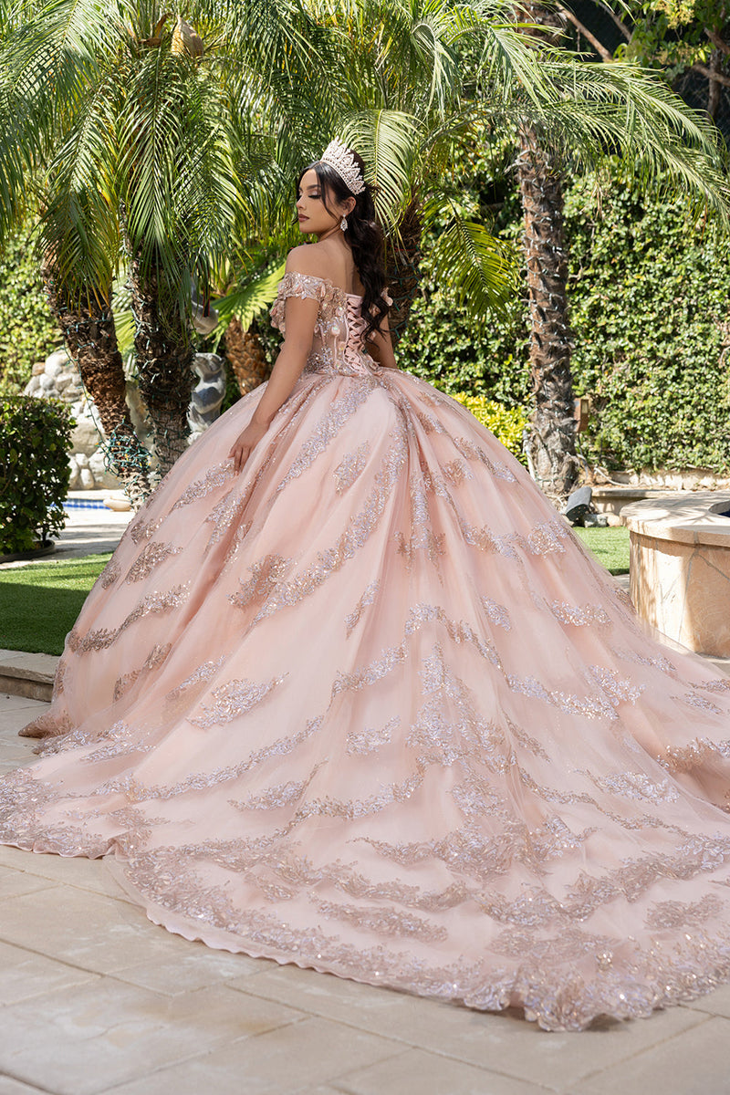 Off the Shoulder QuinceaƱera Ball Gown with Sequins 3D Floral Lace Sweet 16 Dress by Layla K LK285