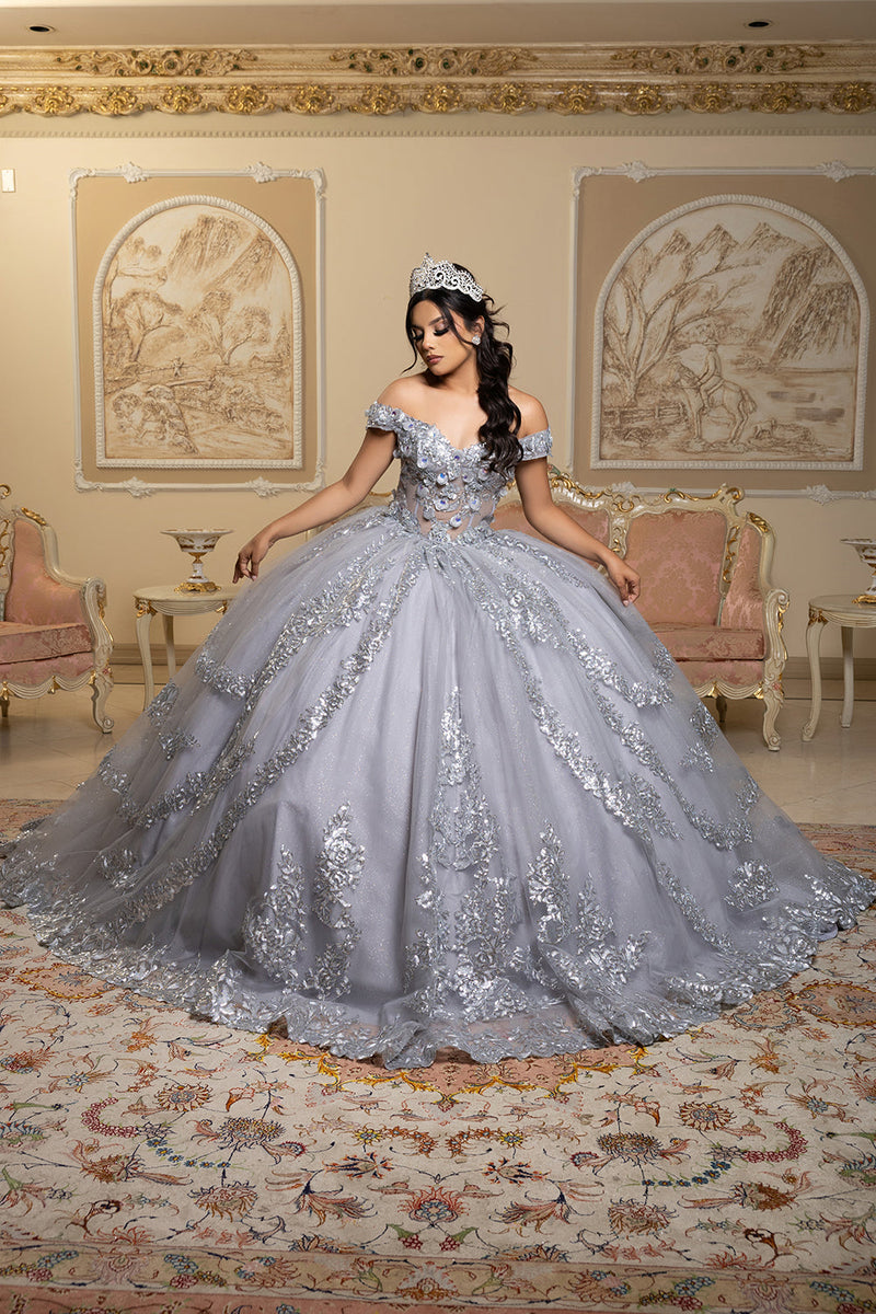 Off the Shoulder QuinceaƱera Ball Gown with Sequins 3D Floral Lace Sweet 16 Dress by Layla K LK285