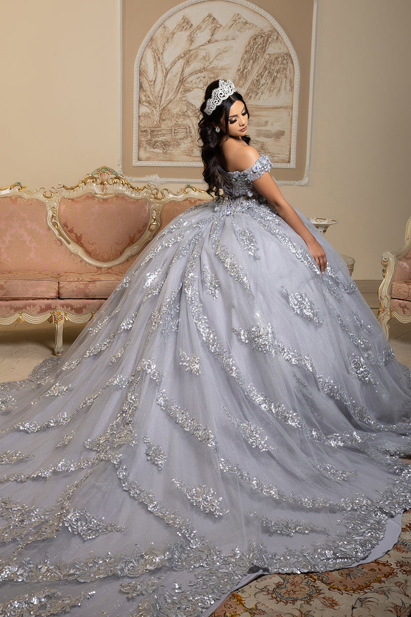 Off the Shoulder QuinceaƱera Ball Gown with Sequins 3D Floral Lace Sweet 16 Dress by Layla K LK285