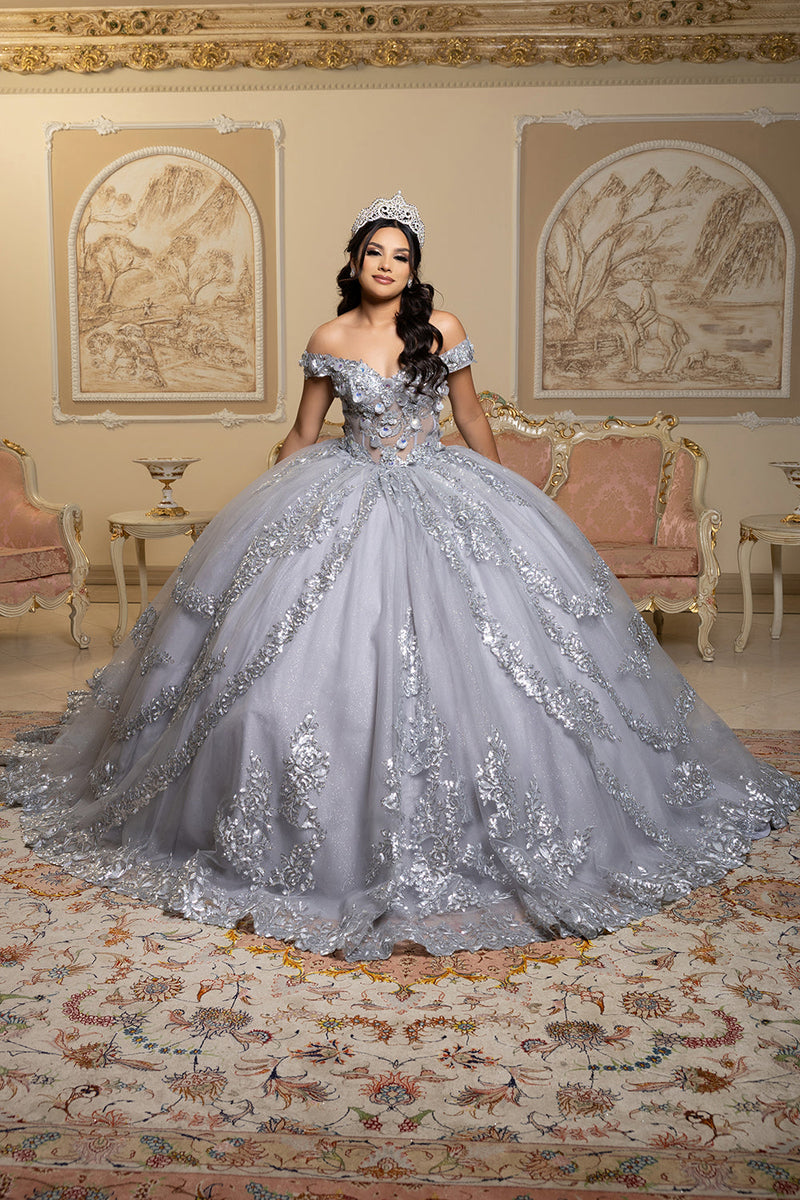 Off the Shoulder QuinceaƱera Ball Gown with Sequins 3D Floral Lace Sweet 16 Dress by Layla K LK285