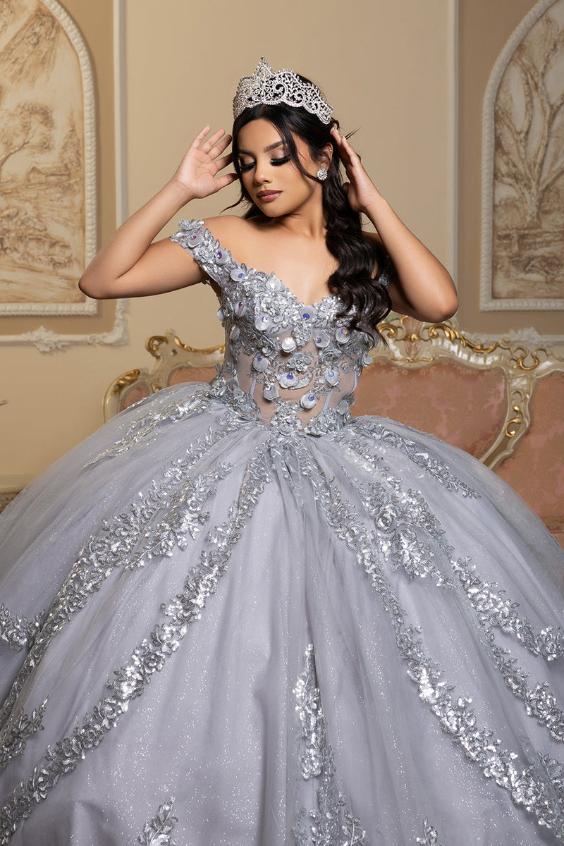 Off the Shoulder QuinceaƱera Ball Gown with Sequins 3D Floral Lace Sweet 16 Dress by Layla K LK285