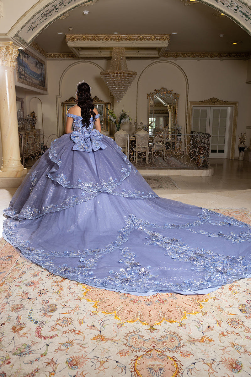 Luxurious Off The Shoulder QuinceaƱera Ball Gown with 3D Floral AppliquƩs Glitter Tulle Skirt by Layla K LK286