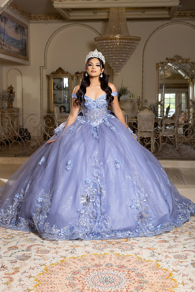 Luxurious Off The Shoulder QuinceaƱera Ball Gown with 3D Floral AppliquƩs Glitter Tulle Skirt by Layla K LK286