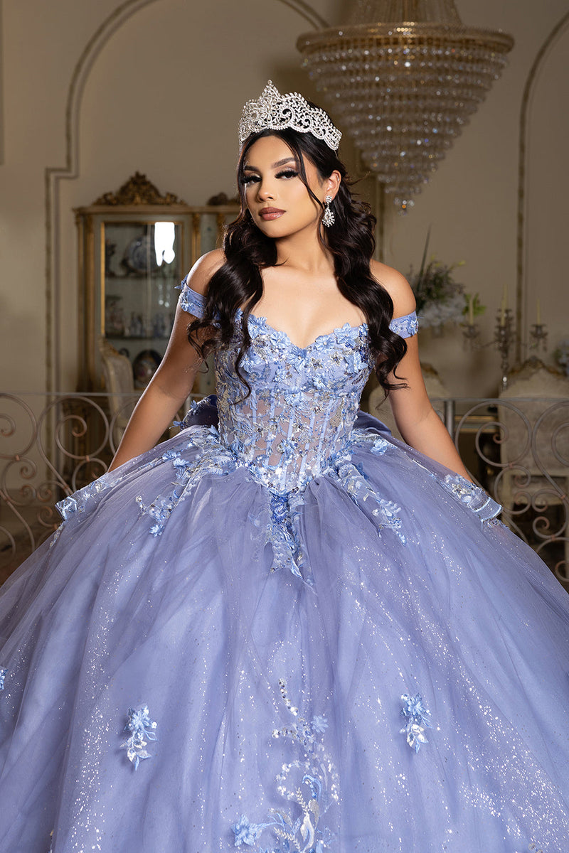 Luxurious Off The Shoulder QuinceaƱera Ball Gown with 3D Floral AppliquƩs Glitter Tulle Skirt by Layla K LK286