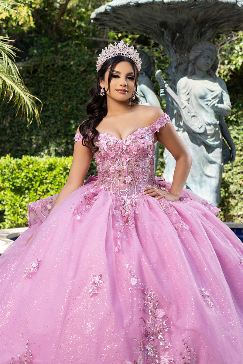 Luxurious Off The Shoulder QuinceaƱera Ball Gown with 3D Floral AppliquƩs Glitter Tulle Skirt by Layla K LK286