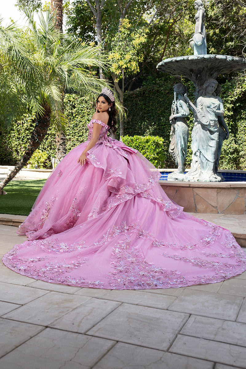 Luxurious Off The Shoulder QuinceaƱera Ball Gown with 3D Floral AppliquƩs Glitter Tulle Skirt by Layla K LK286