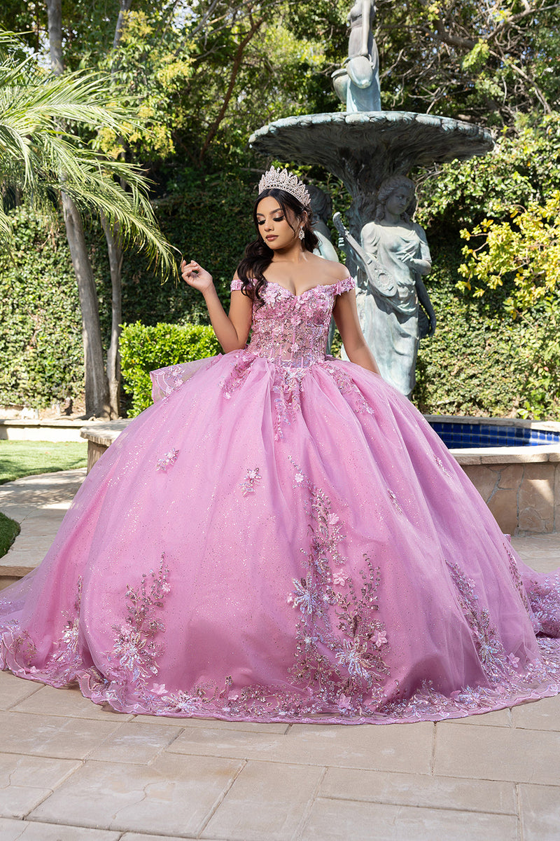 Luxurious Off The Shoulder QuinceaƱera Ball Gown with 3D Floral AppliquƩs Glitter Tulle Skirt by Layla K LK286