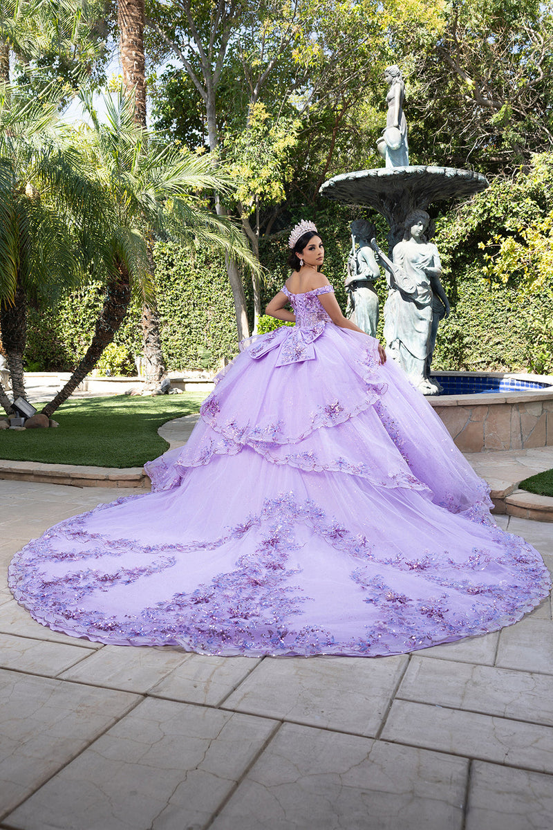 Luxurious Off The Shoulder QuinceaƱera Ball Gown with 3D Floral AppliquƩs Glitter Tulle Skirt by Layla K LK286