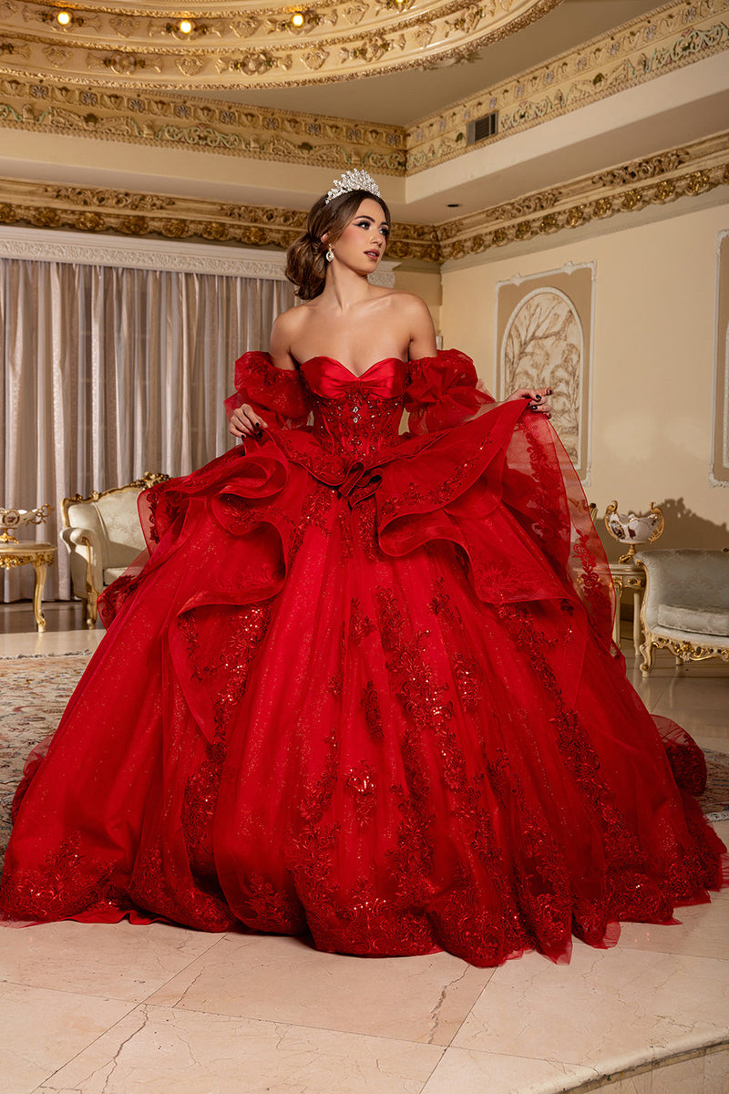 Quinceañera Ball Gown with Corset Bodice 3D Lace Appliqués & Detachable Train By Layla K LK289