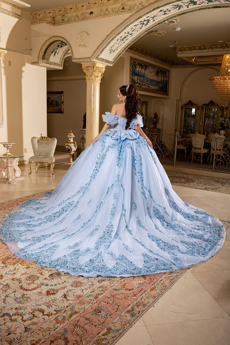 Quinceañera Ball Gown with Beaded Corset Bodice Lace Appliqués & Cathedral Train by Layla K LK290