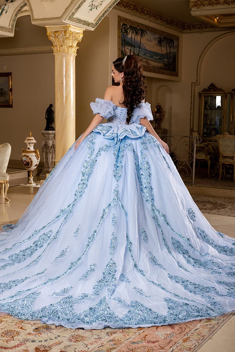 Quinceañera Ball Gown with Beaded Corset Bodice Lace Appliqués & Cathedral Train by Layla K LK290