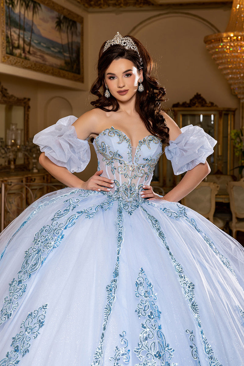 Quinceañera Ball Gown with Beaded Corset Bodice Lace Appliqués & Cathedral Train by Layla K LK290