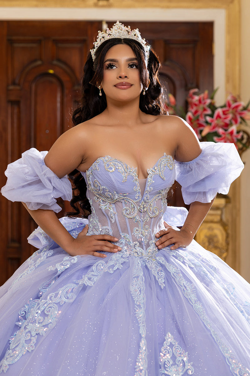 Quinceañera Ball Gown with Beaded Corset Bodice Lace Appliqués & Cathedral Train by Layla K LK290