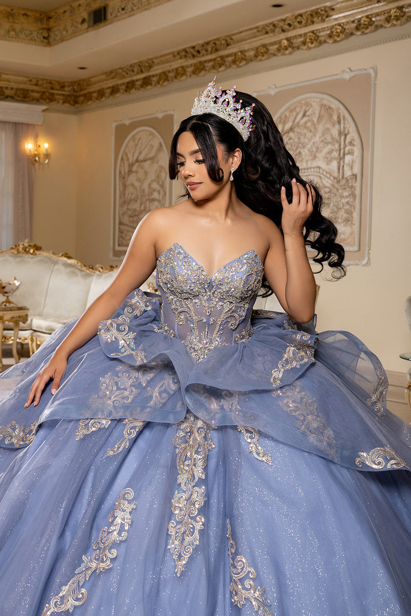 Corset Quinceañera Dress with Detachable Gloves Glitter Tulle Skirt & Embroidery By Layla K LK291