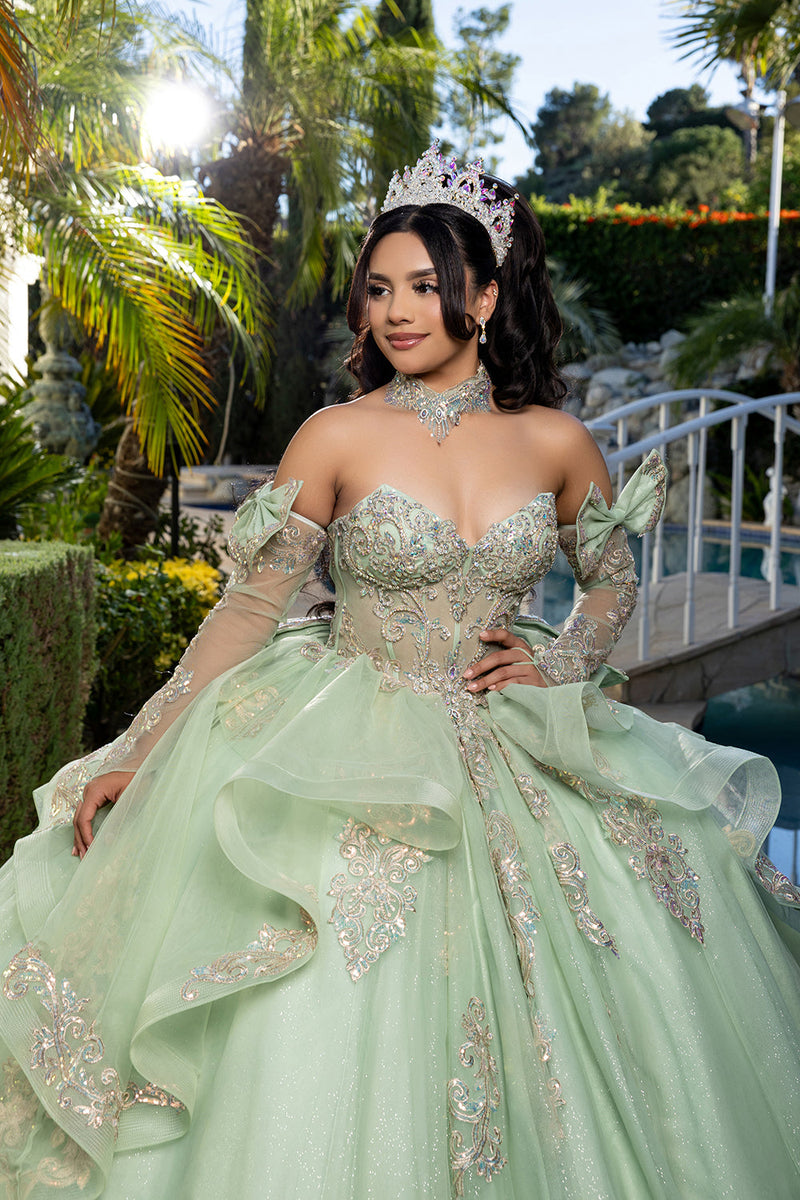 Corset Quinceañera Dress with Detachable Gloves Glitter Tulle Skirt & Embroidery By Layla K LK291