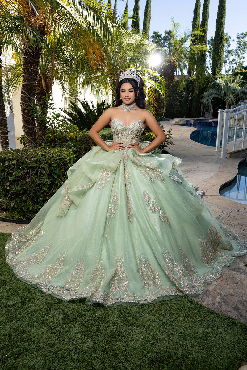 Corset Quinceañera Dress with Detachable Gloves Glitter Tulle Skirt & Embroidery By Layla K LK291
