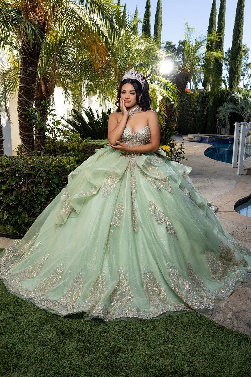Corset Quinceañera Dress with Detachable Gloves Glitter Tulle Skirt & Embroidery By Layla K LK291