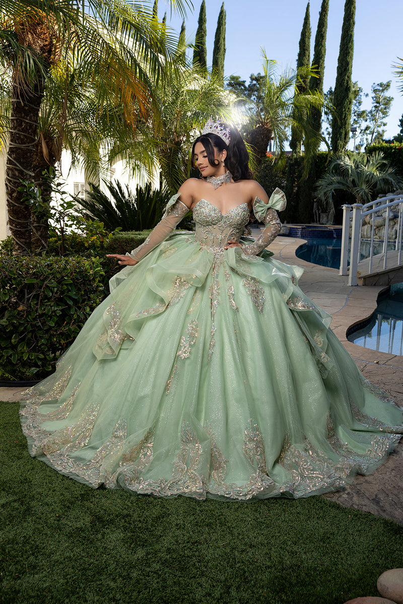 Corset Quinceañera Dress with Detachable Gloves Glitter Tulle Skirt & Embroidery By Layla K LK291