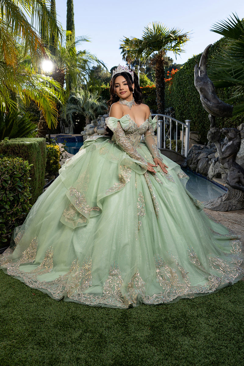 Corset Quinceañera Dress with Detachable Gloves Glitter Tulle Skirt & Embroidery By Layla K LK291
