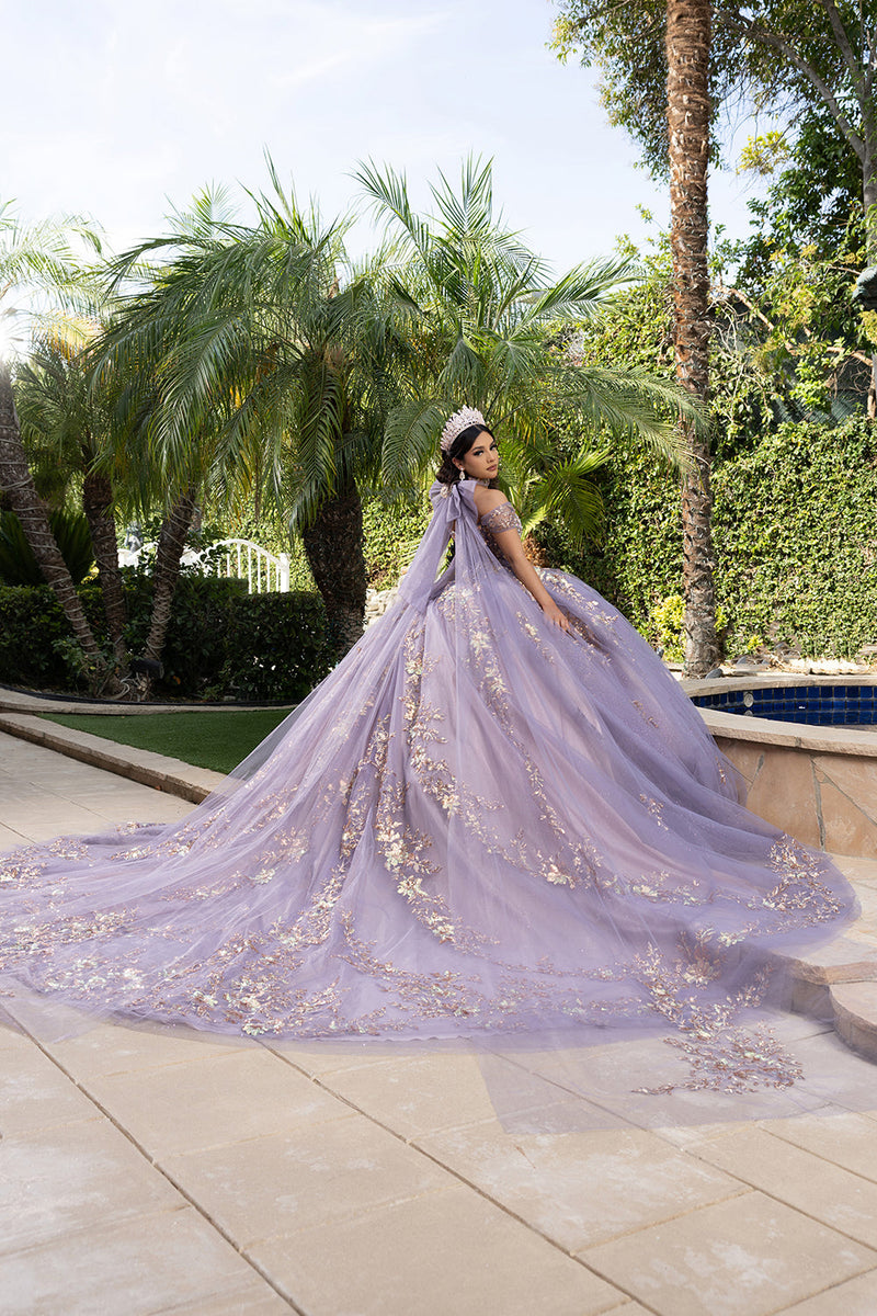QuinceaƱera Ball Gown Off Shoulder Glitter Tulle Dress with 3D Floral AppliquƩs Long Train by Layla K LK292