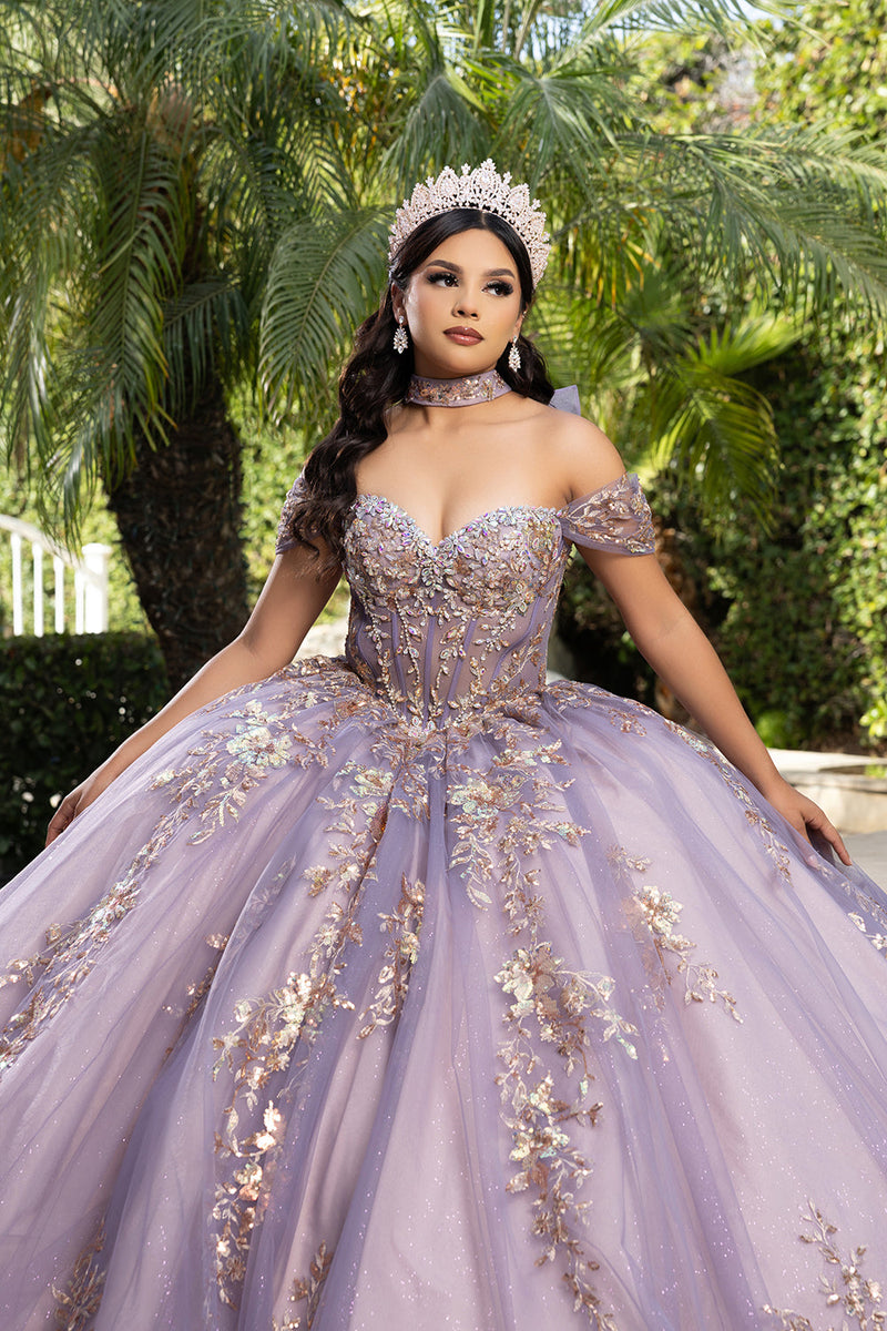 QuinceaƱera Ball Gown Off Shoulder Glitter Tulle Dress with 3D Floral AppliquƩs Long Train by Layla K LK292