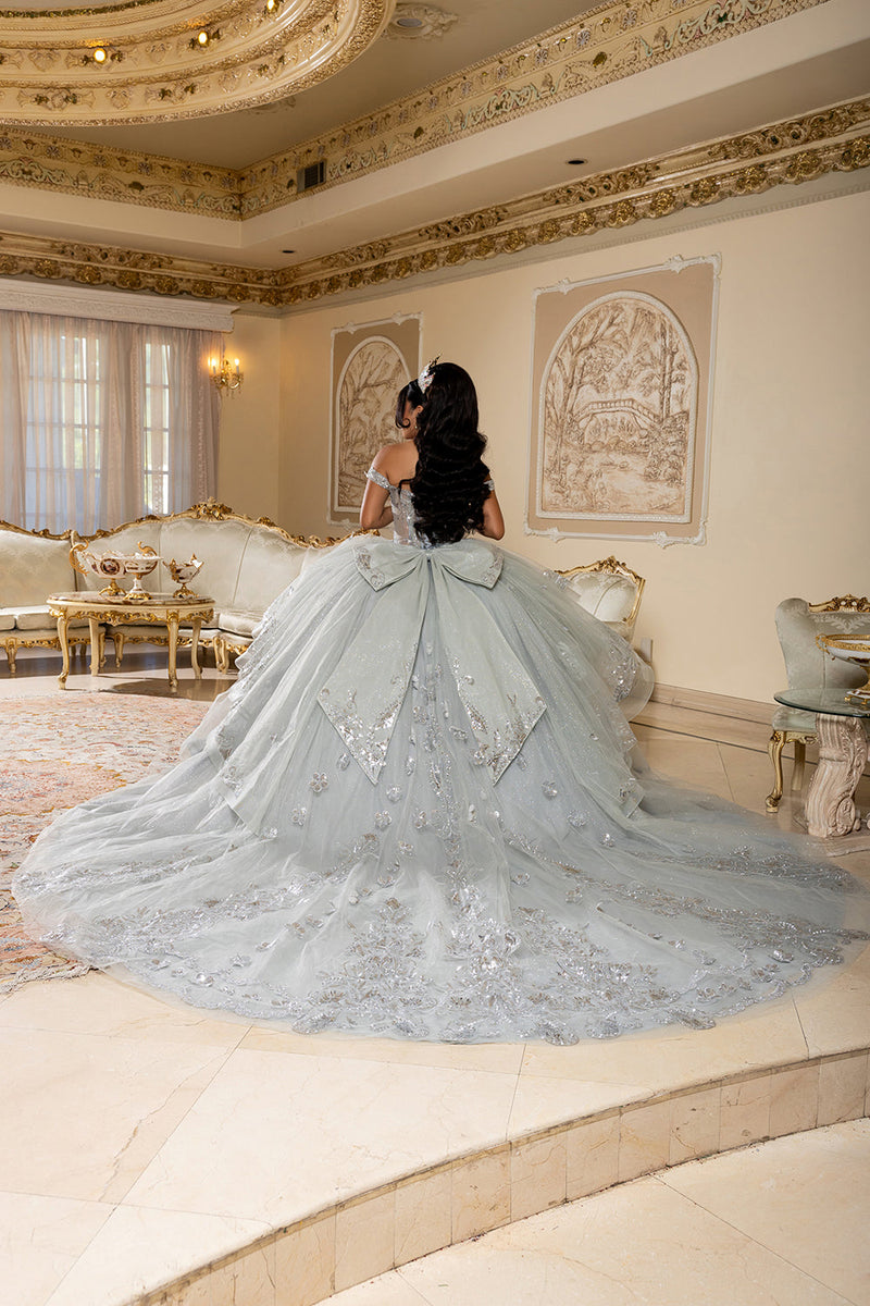 Off-Shoulder Quinceañera Ball Gown with Beaded Corset Long Train & Back Bow By Layla K LK293