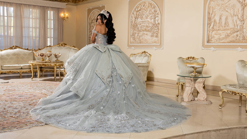 Off-Shoulder Quinceañera Ball Gown with Beaded Corset Long Train & Back Bow By Layla K LK293