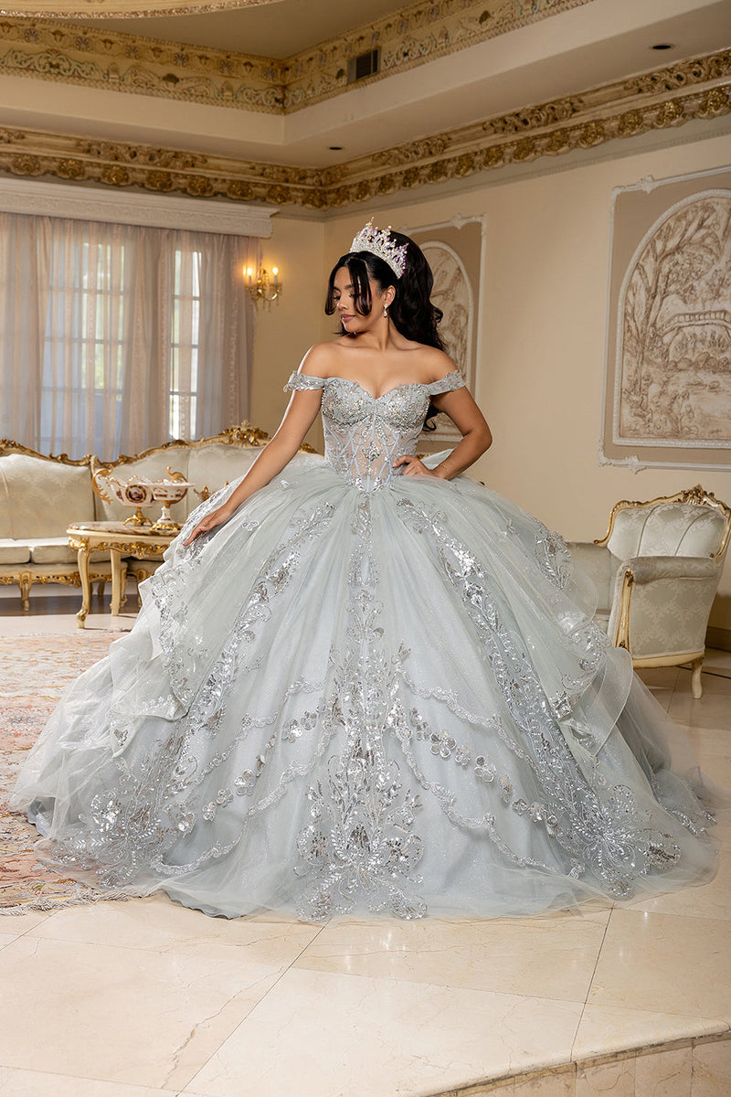 Off-Shoulder Quinceañera Ball Gown with Beaded Corset Long Train & Back Bow By Layla K LK293