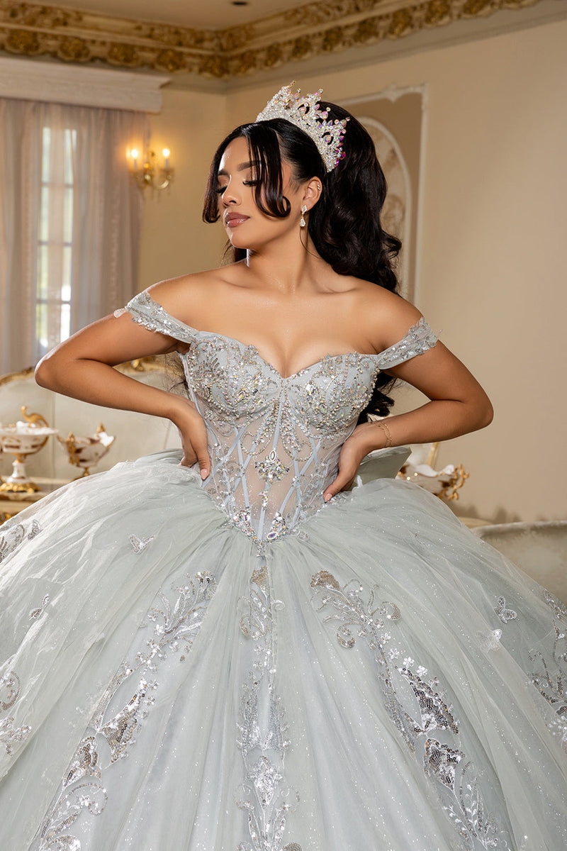 Off-Shoulder Quinceañera Ball Gown with Beaded Corset Long Train & Back Bow By Layla K LK293