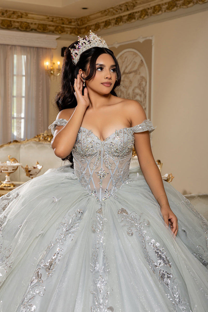 Off-Shoulder Quinceañera Ball Gown with Beaded Corset Long Train & Back Bow By Layla K LK293
