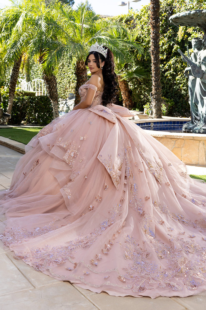 Off-Shoulder Quinceañera Ball Gown with Beaded Corset Long Train & Back Bow By Layla K LK293